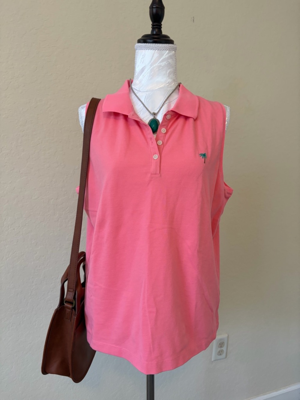 J.Crew Pink Sleeveless Polo Shirt Embroidered Palm Tree Logo Size L